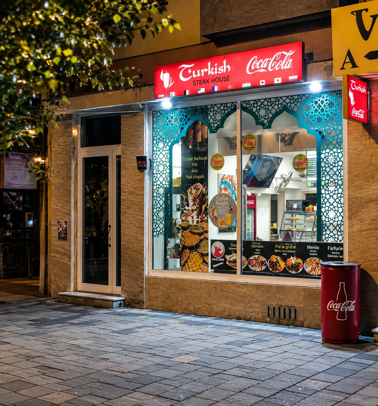 Fațada restaurantului Turkish Steak House seara, cu firma și vitrina luminate