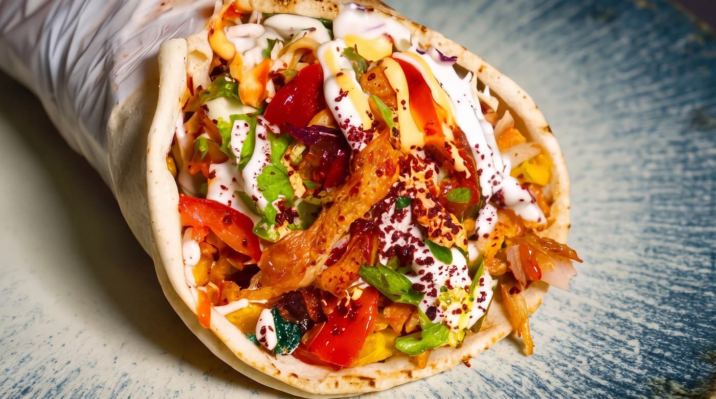 Shawarma close-up: chicken, peppers, herbs, white sauce and sumac